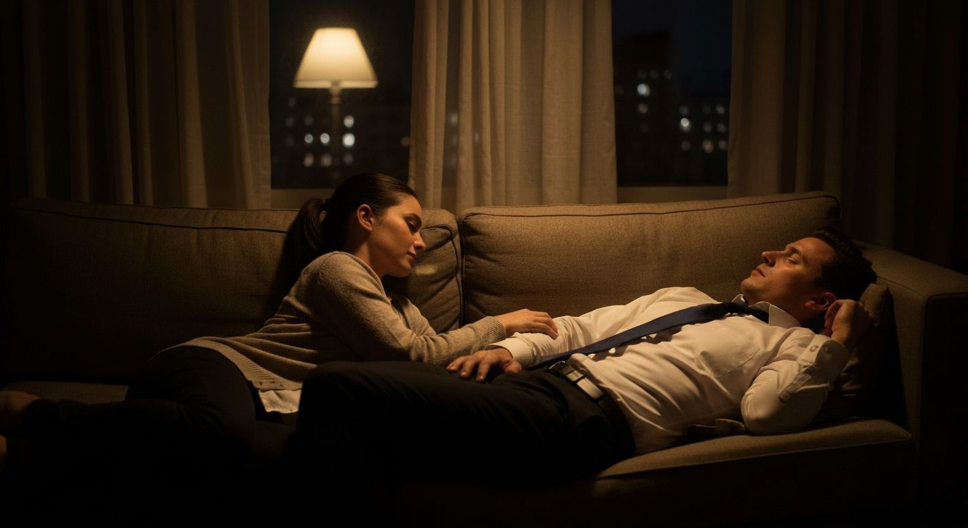 Cinematic photography of a couple lying together on a sofa in dim evening light, street lamp glow filtering through window cu