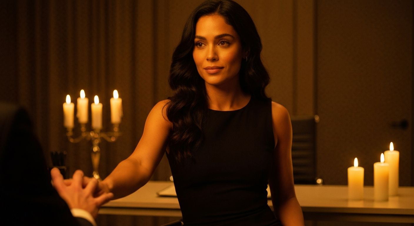 Cinematic 35mm film still of woman with long dark wavy hair, olive skin, athletic slim body, defined cheekbones in elegant bl