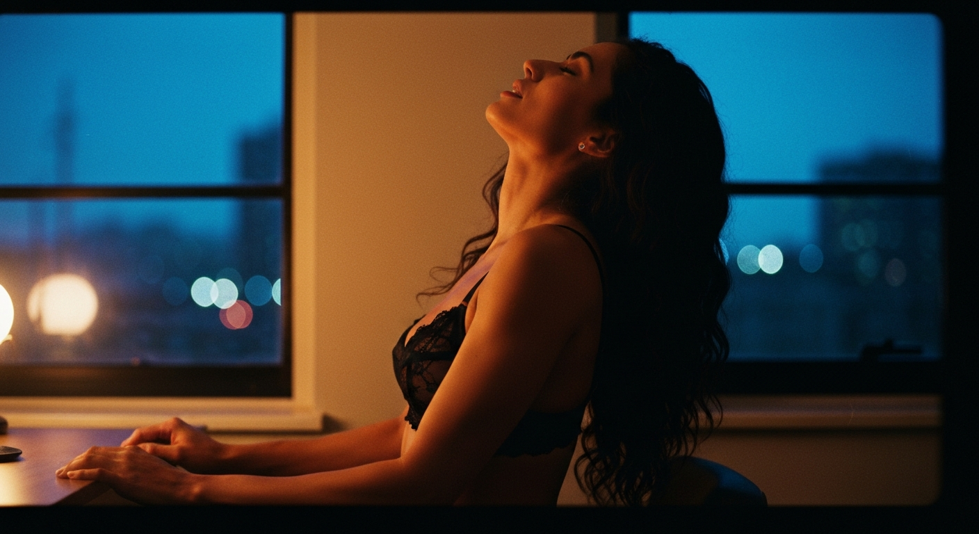 Cinematic 35mm film still of woman with long dark wavy hair, olive skin, athletic slim body, defined cheekbones wearing black