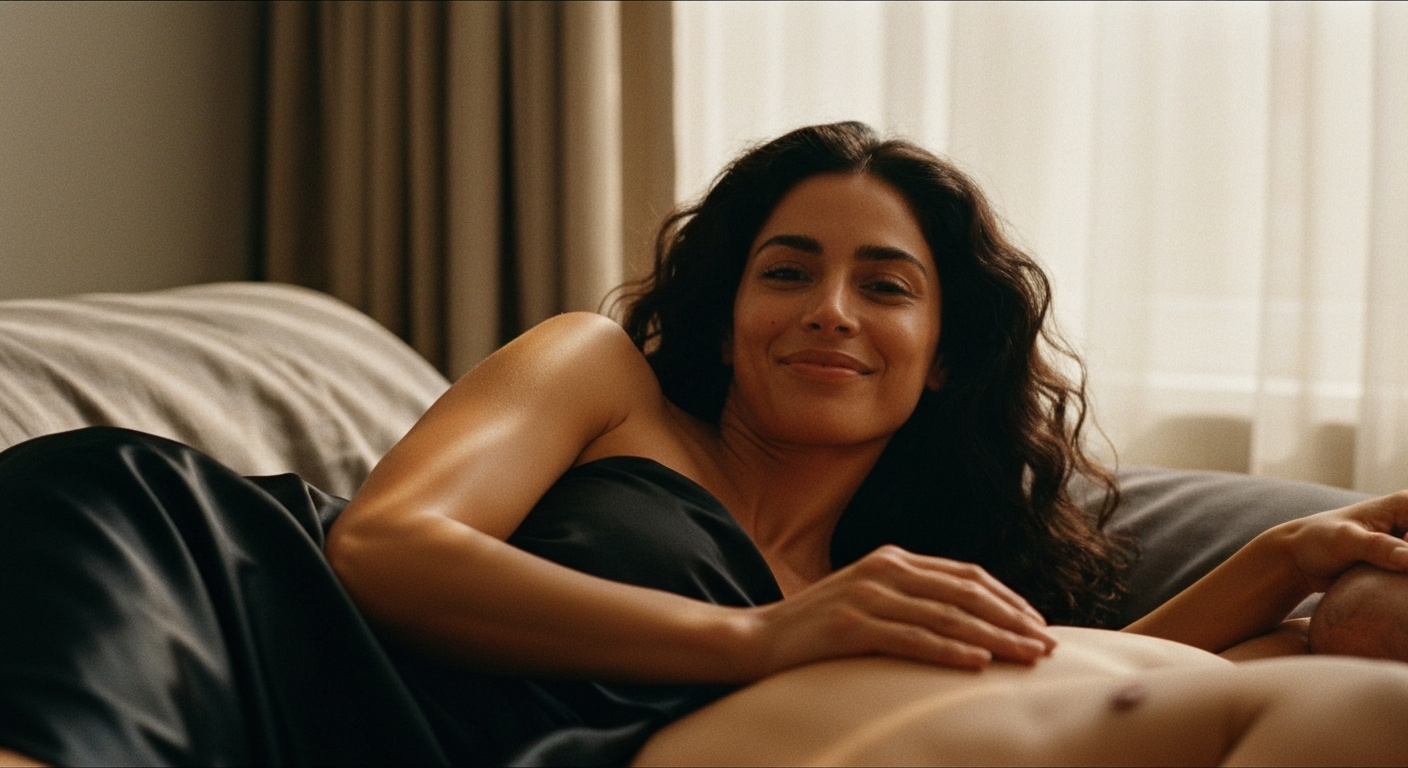 Cinematic 35mm film still of woman with long dark wavy hair, olive skin, athletic slim body, defined cheekbones lying in bed