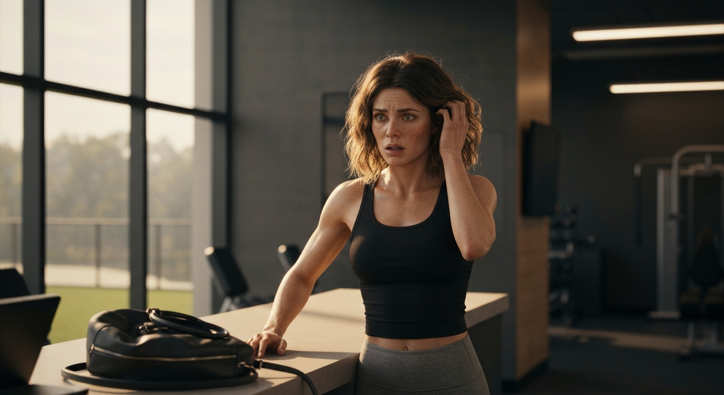 Cinematic 35mm film still of woman with shoulder-length tousled dark blonde hair, fair skin with natural freckles, athletic t