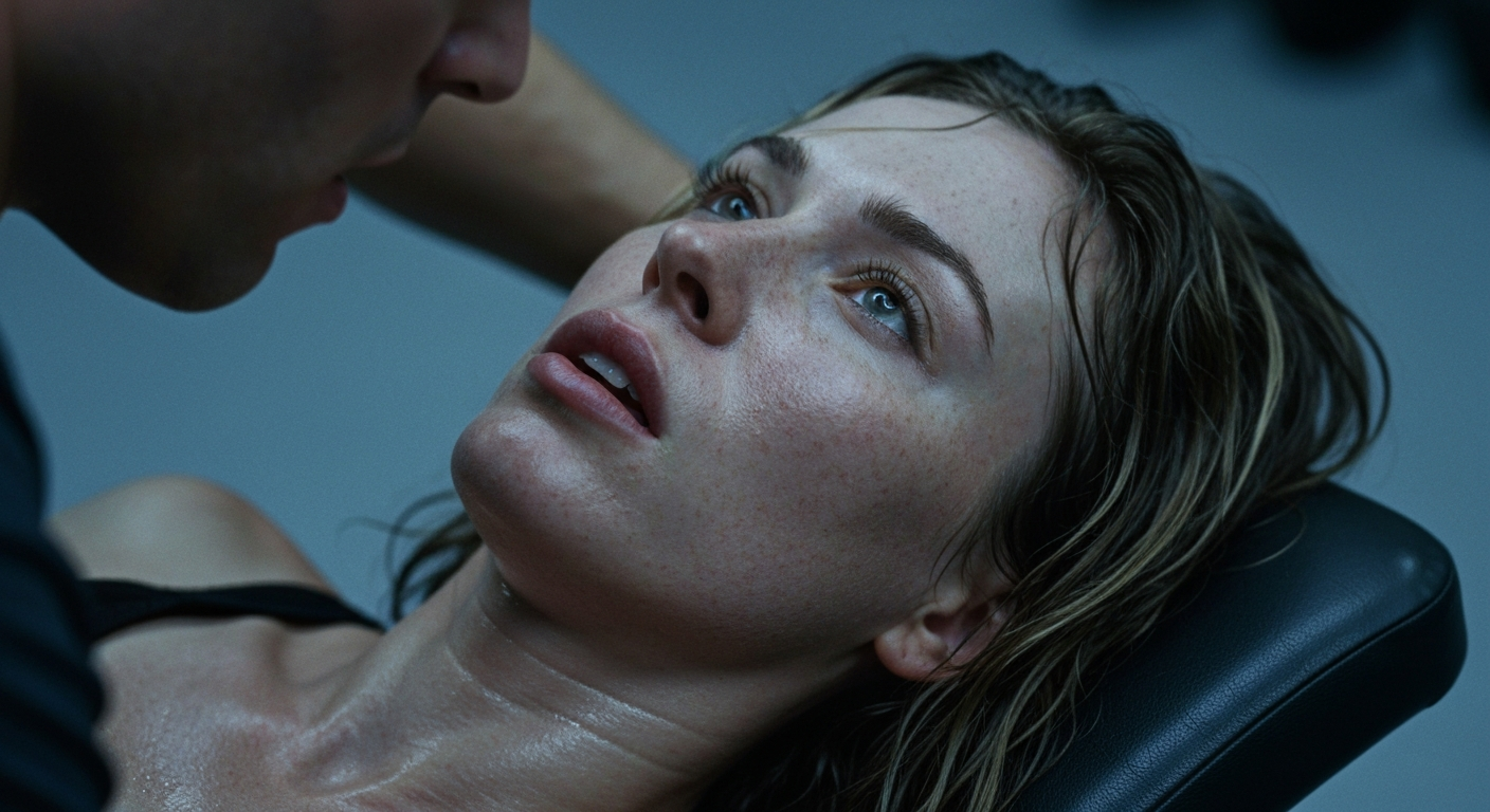 Cinematic 35mm film close-up of woman with shoulder-length tousled dark blonde hair, fair skin with natural freckles, athleti