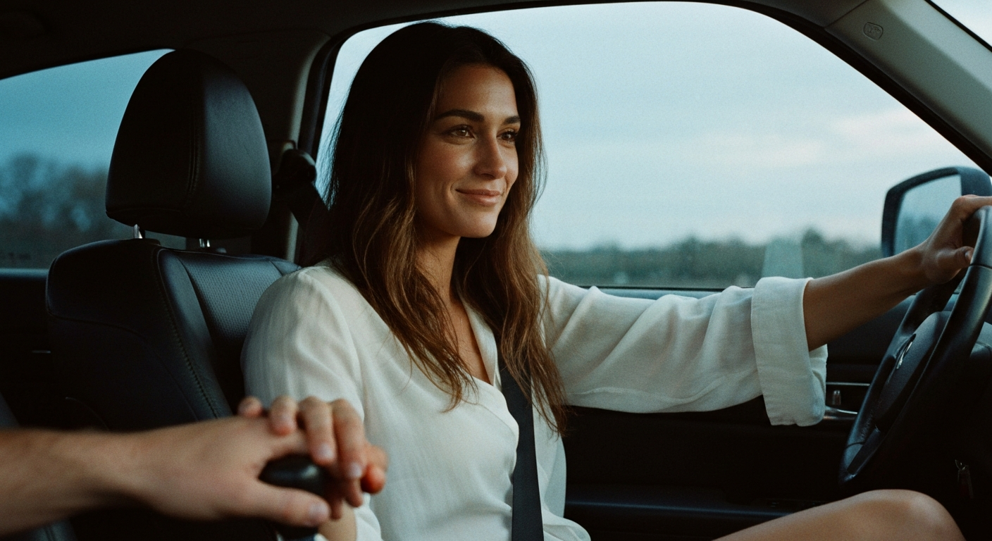 Cinematic 35mm film still of woman with long chestnut brown hair falling past shoulders, olive skin tone, slim athletic body