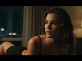 Mann und Frau in intensiver Umarmung im Auto bei Nacht auf leerem Parkplatz