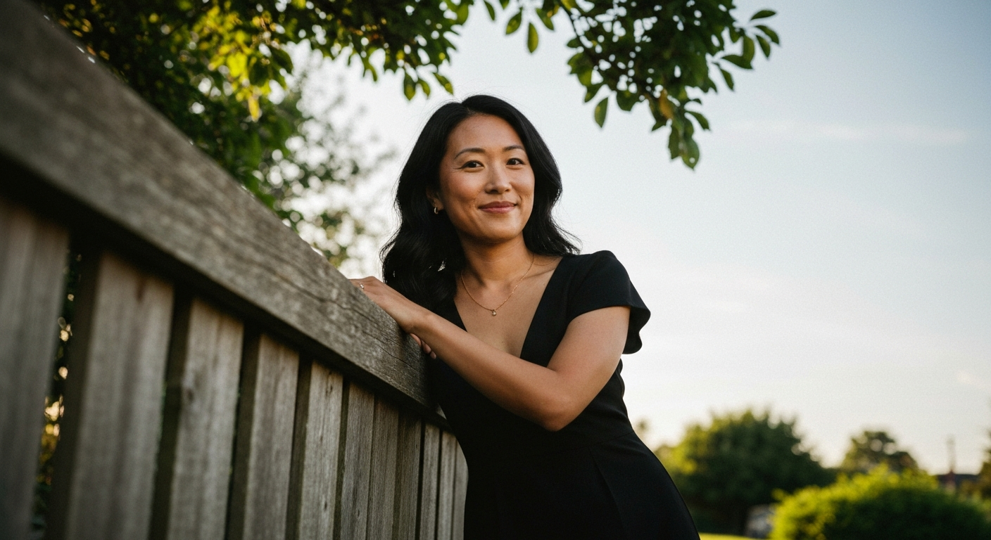 Cinematic 35mm film still of woman with shoulder-length dark blonde hair, fair skin with warm undertones, athletic curvy body