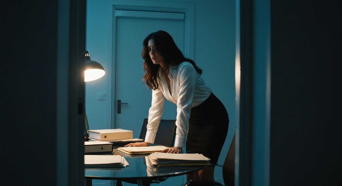 Cinematic 35mm film still of woman with long dark brown hair falling into her face, olive skin tone, slim athletic body type,