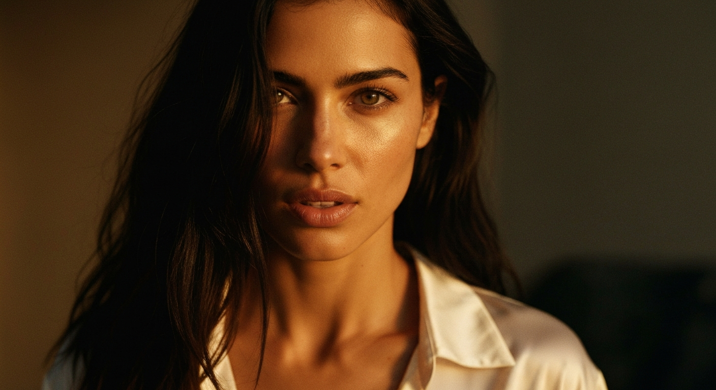 Cinematic 35mm film still close-up of woman with long dark brown hair falling into her face, olive skin tone, slim athletic b