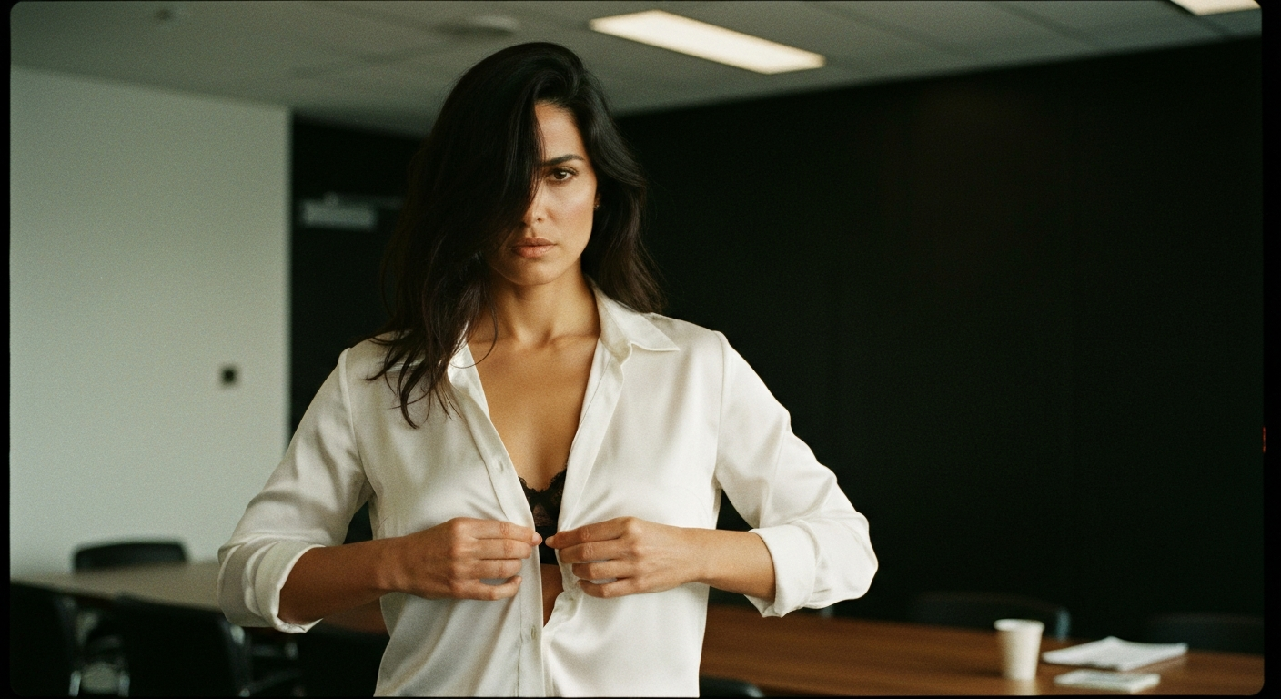Cinematic 35mm film still medium shot of woman with long dark brown hair falling into her face, olive skin tone, slim athleti