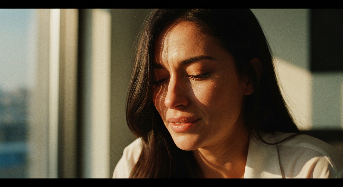 Cinematic 35mm film still close-up of woman with long dark brown hair falling into her face, olive skin tone, slim athletic b
