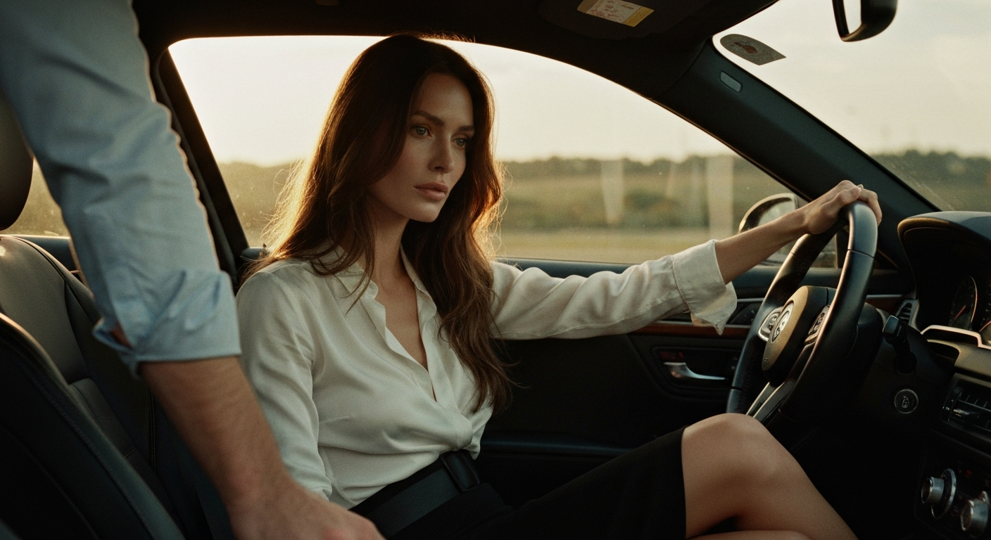 Cinematic 35mm film still of woman with long chestnut brown hair falling past shoulders, porcelain skin with warm undertones,