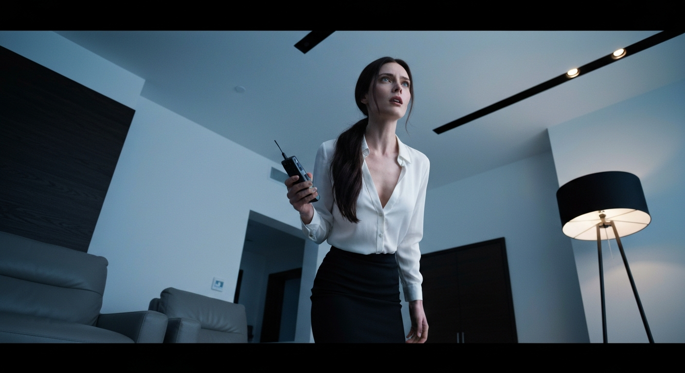 Cinematic 35mm film still of woman with long dark brown hair in a low ponytail, pale skin, slim athletic body type, delicate