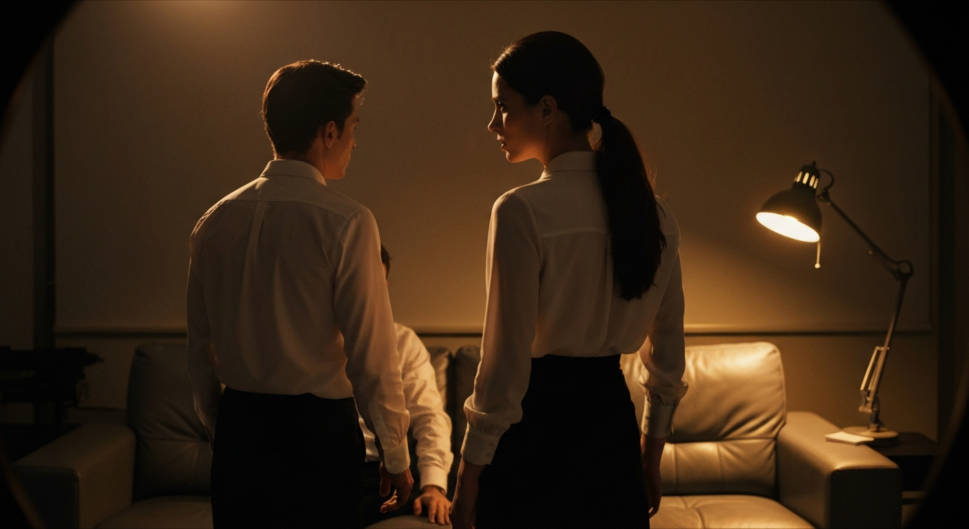 Cinematic 35mm film still of woman with long dark brown hair in a low ponytail, pale skin, slim athletic body type, delicate