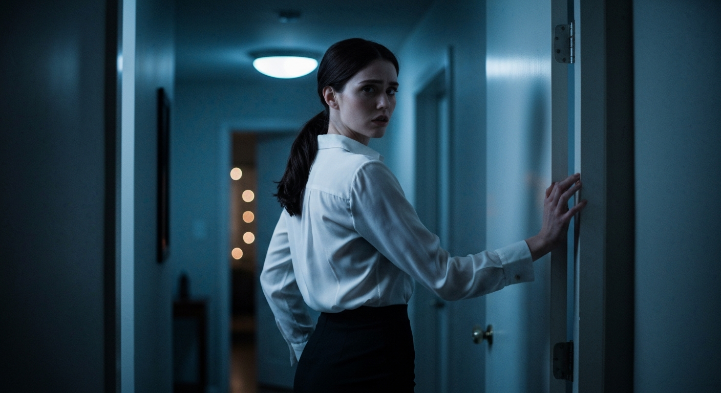 Cinematic 35mm film still of woman with long dark brown hair in a low ponytail, pale skin, slim athletic body type, delicate