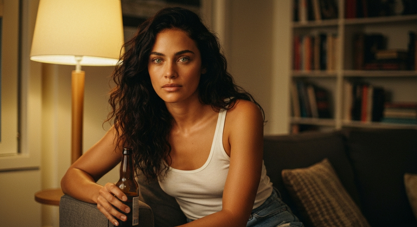 Cinematic 35mm film still of woman with long dark wavy hair falling over shoulders, olive skin tone, slim athletic build, gre