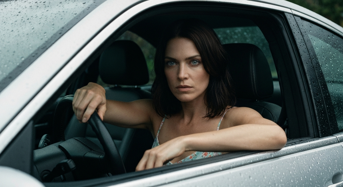 Cinematic 35mm film still of woman with shoulder-length dark brown hair, pale skin, athletic slim body, gray eyes wearing a l