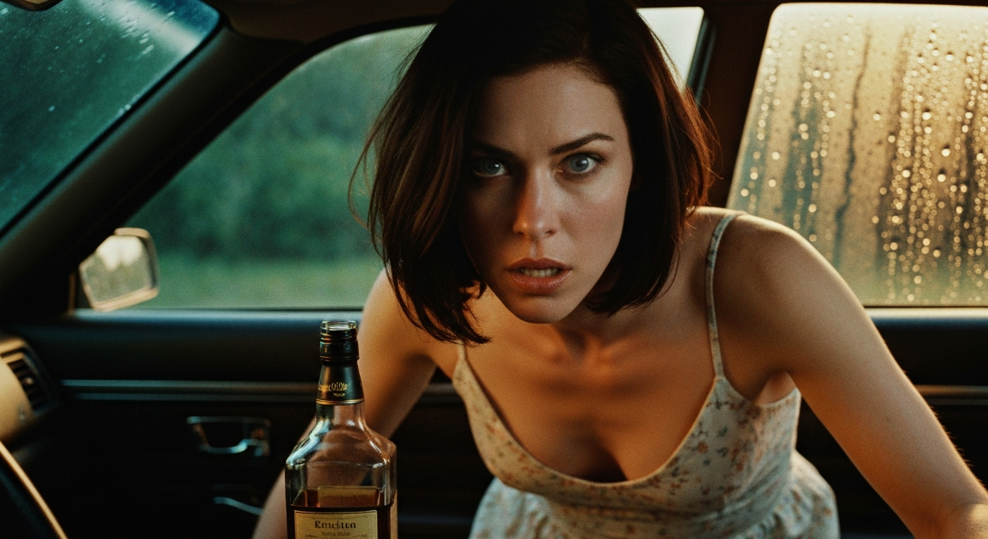 Cinematic 35mm film still close-up of woman with shoulder-length dark brown hair, pale skin, athletic slim body, gray eyes in