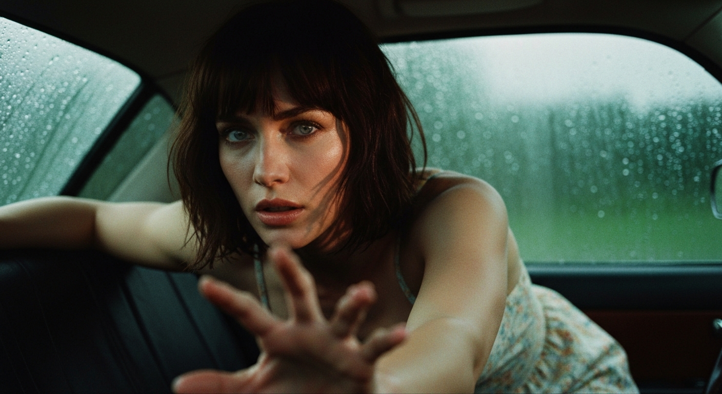 Cinematic 35mm film still medium shot of woman with shoulder-length dark brown hair, pale skin, athletic slim body, gray eyes
