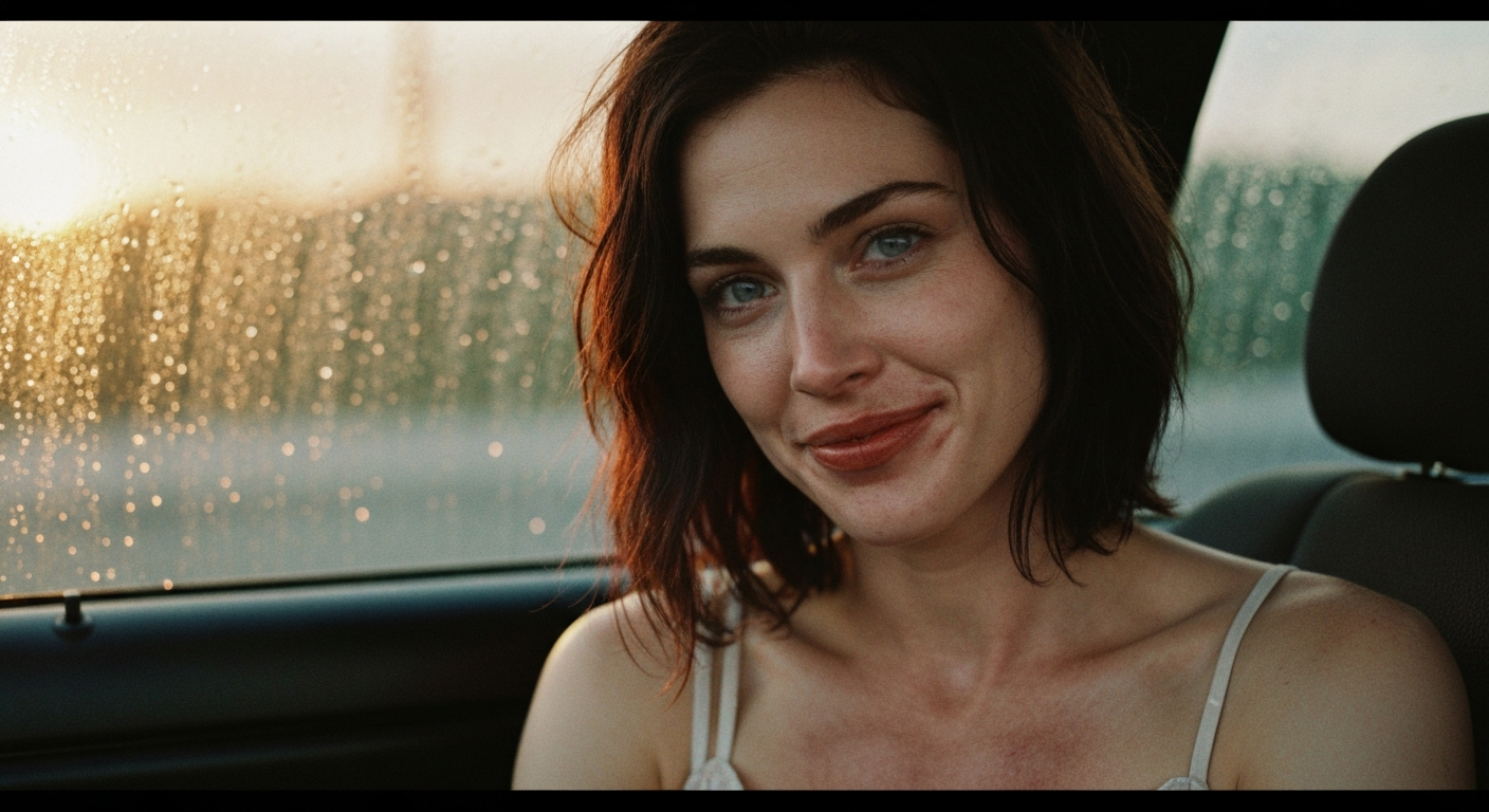 Cinematic 35mm film still over-shoulder shot of woman with shoulder-length dark brown hair, pale skin, athletic slim body, gr
