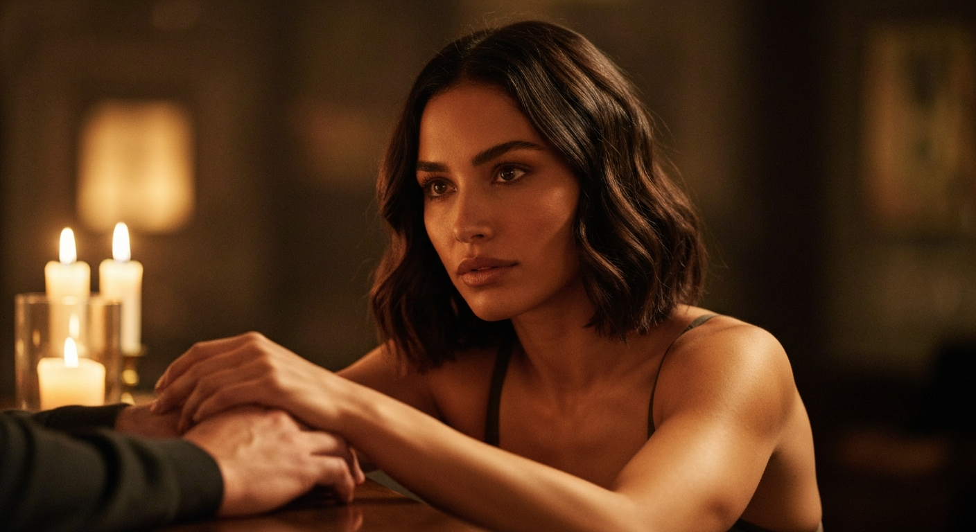 Cinematic 35mm film still close-up of woman with shoulder-length dark brown hair with subtle waves, olive skin tone, athletic