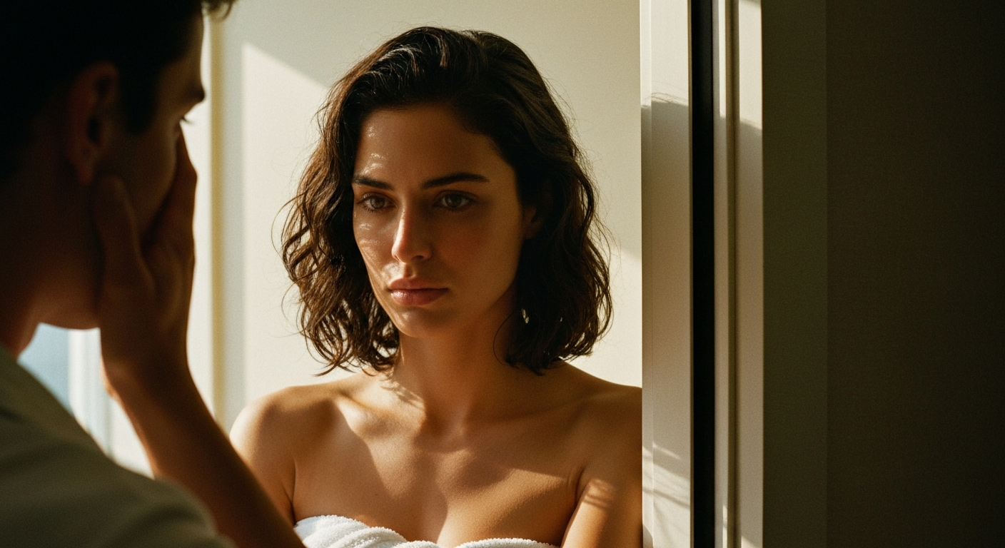 Cinematic 35mm film still soft focus shot of woman with shoulder-length dark brown hair with subtle waves, olive skin tone, a