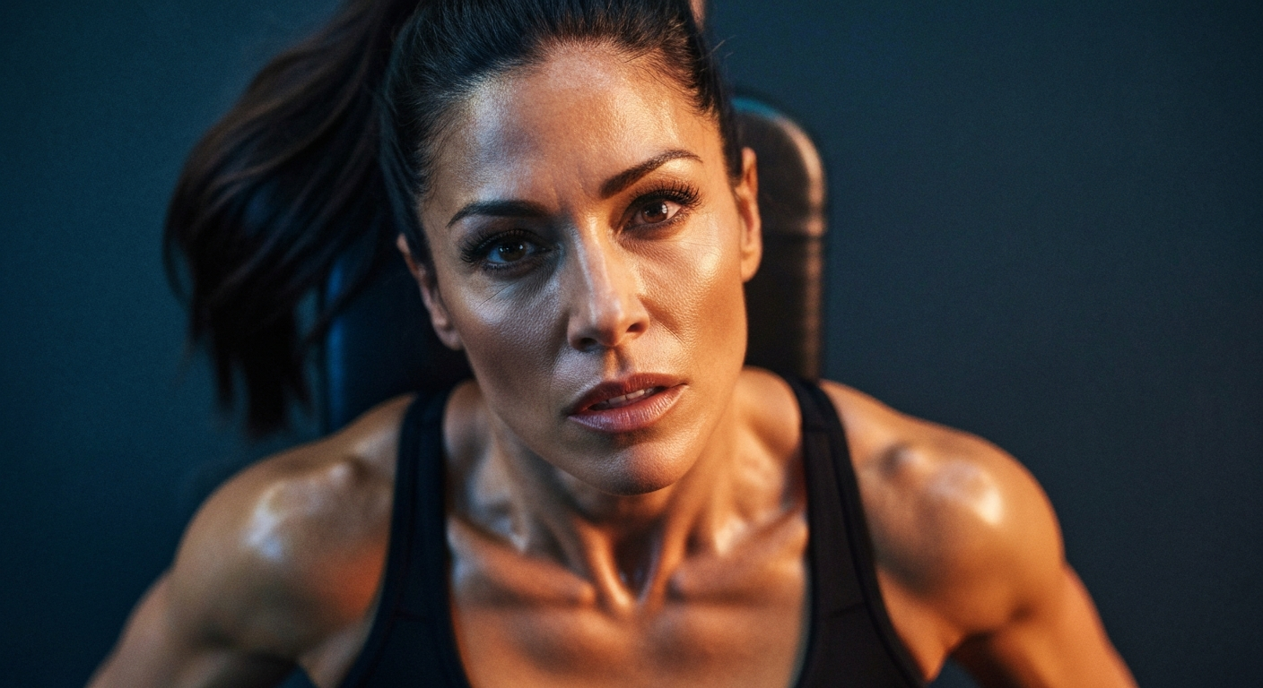 Cinematic 35mm film still of woman with long dark brown hair in high ponytail, athletic toned body, olive skin tone, early fo