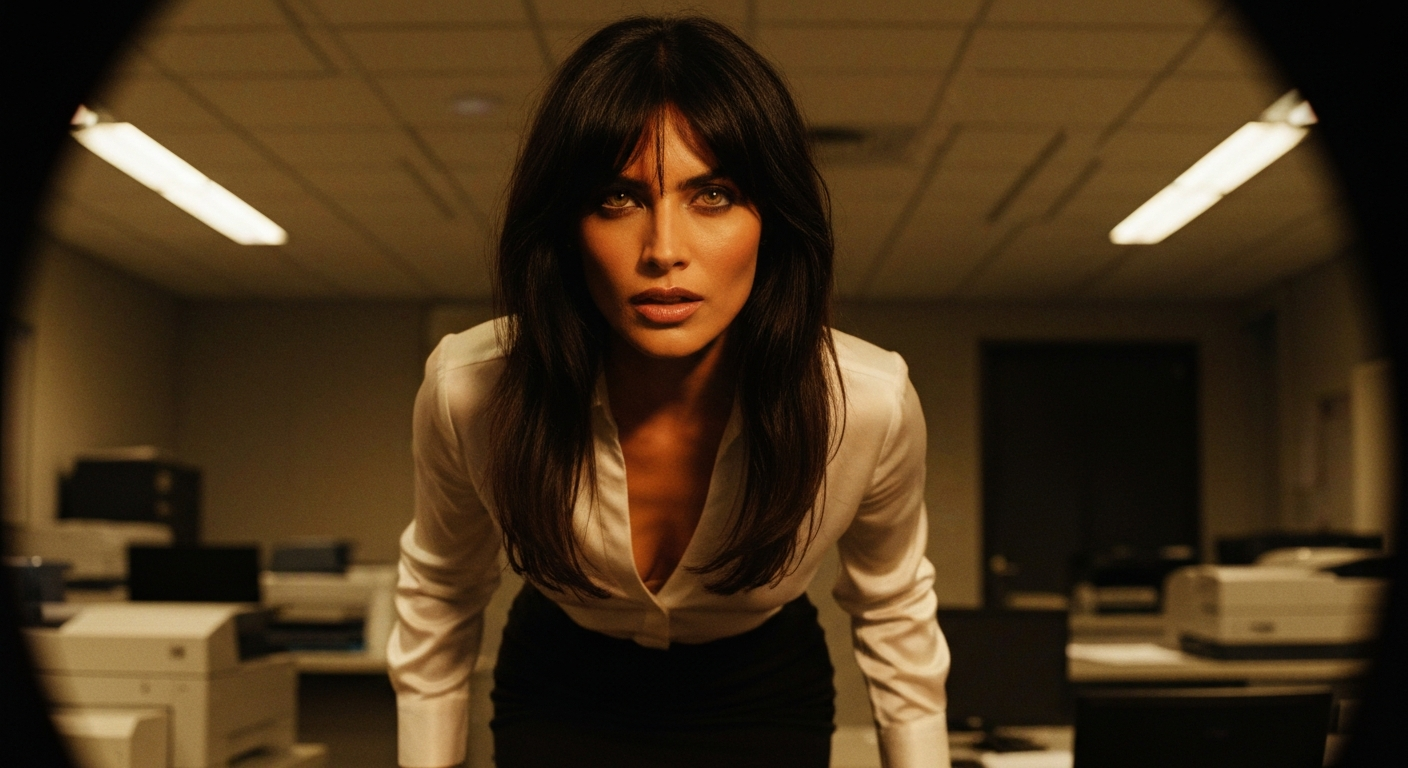 Cinematic 35mm film still of woman with long dark brown hair reaching past shoulders, olive skin tone, slim athletic body typ