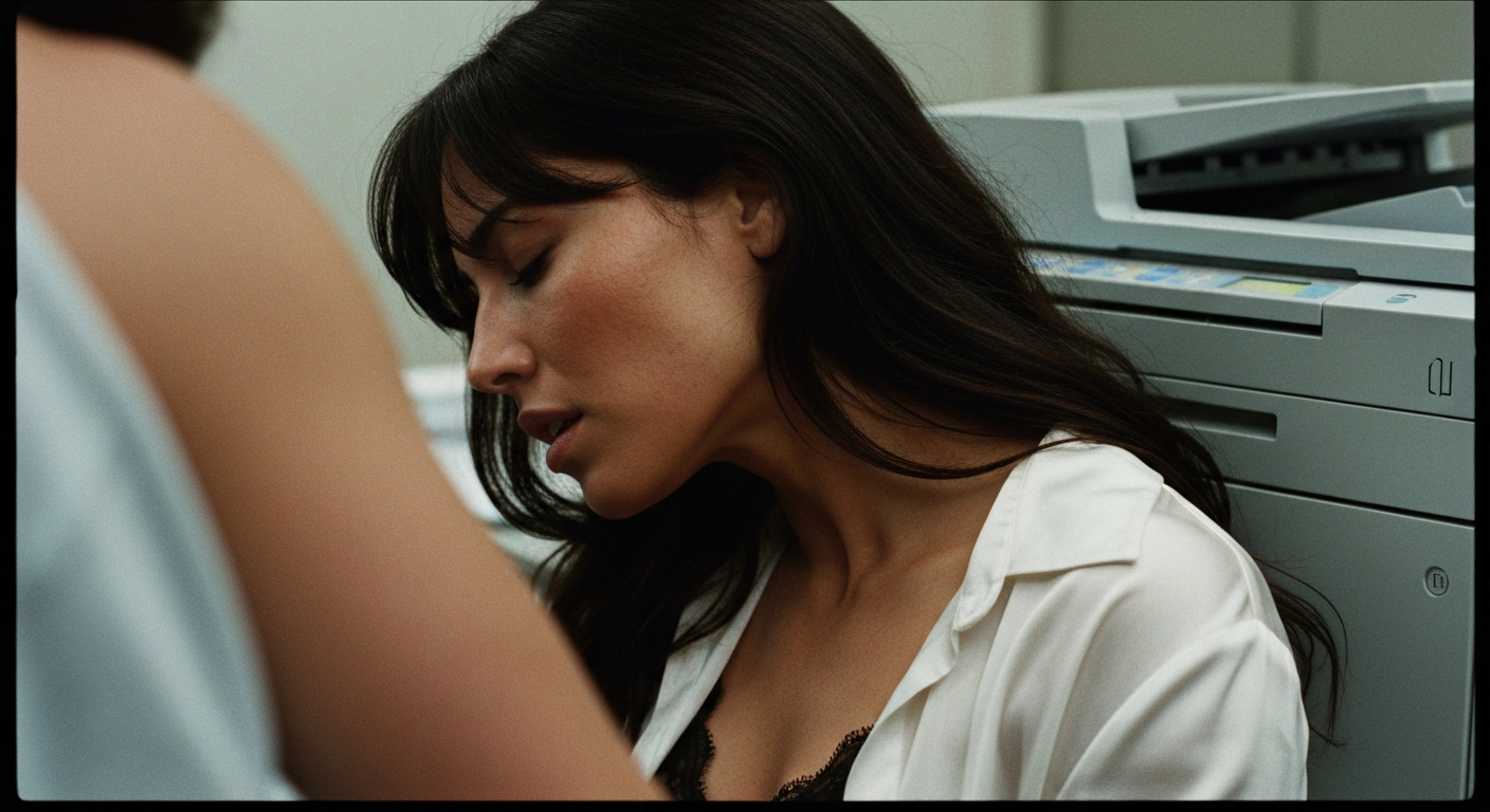 Cinematic 35mm film still of woman with long dark brown hair reaching past shoulders, olive skin tone, slim athletic body typ