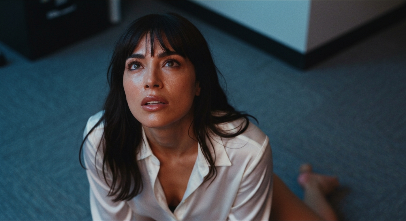 Cinematic 35mm film still of woman with long dark brown hair reaching past shoulders, olive skin tone, slim athletic body typ
