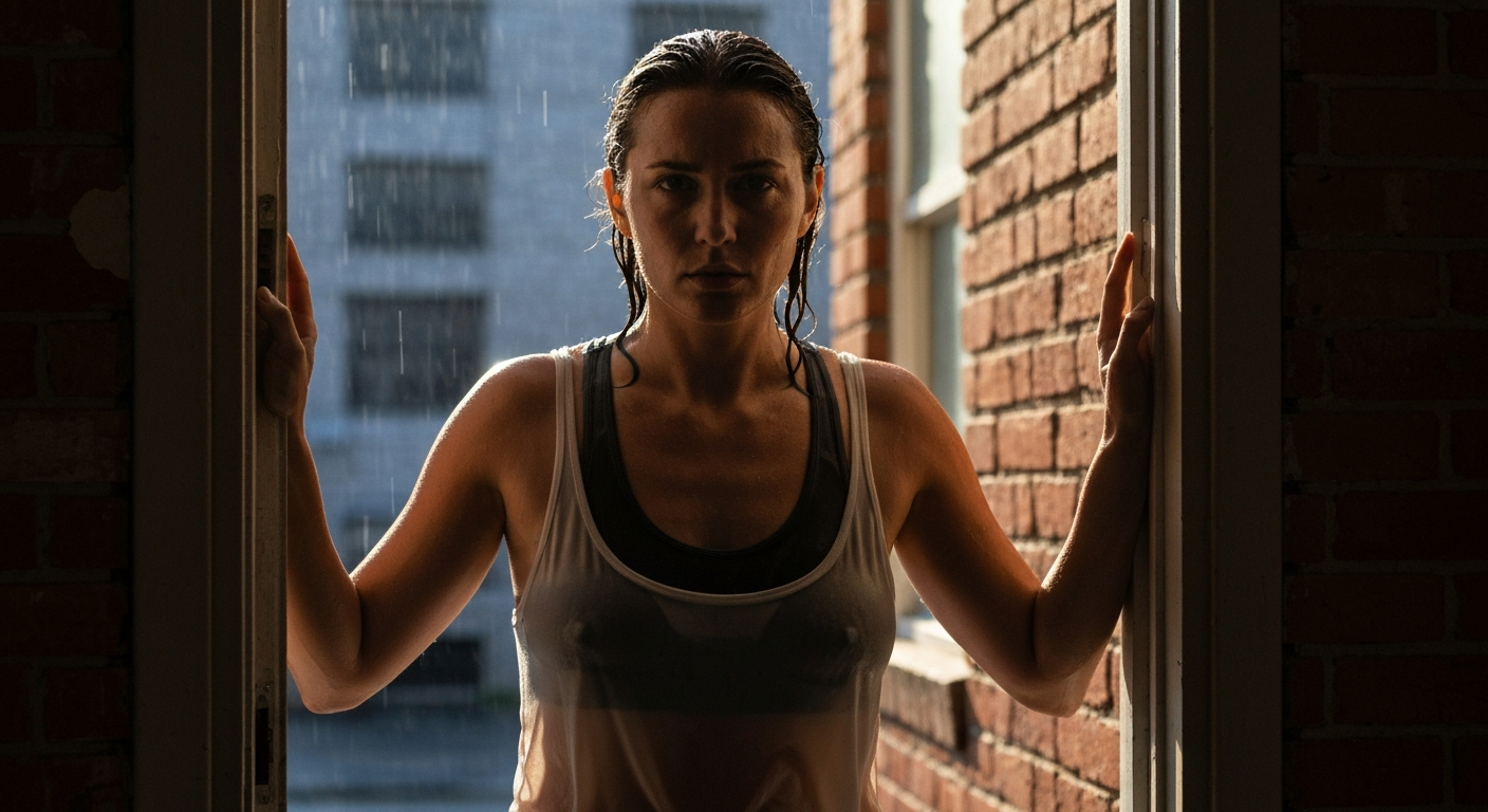 Cinematic 35mm film still of woman in her mid-forties with long dark wet hair, olive skin tone, athletic curvy body type, wea