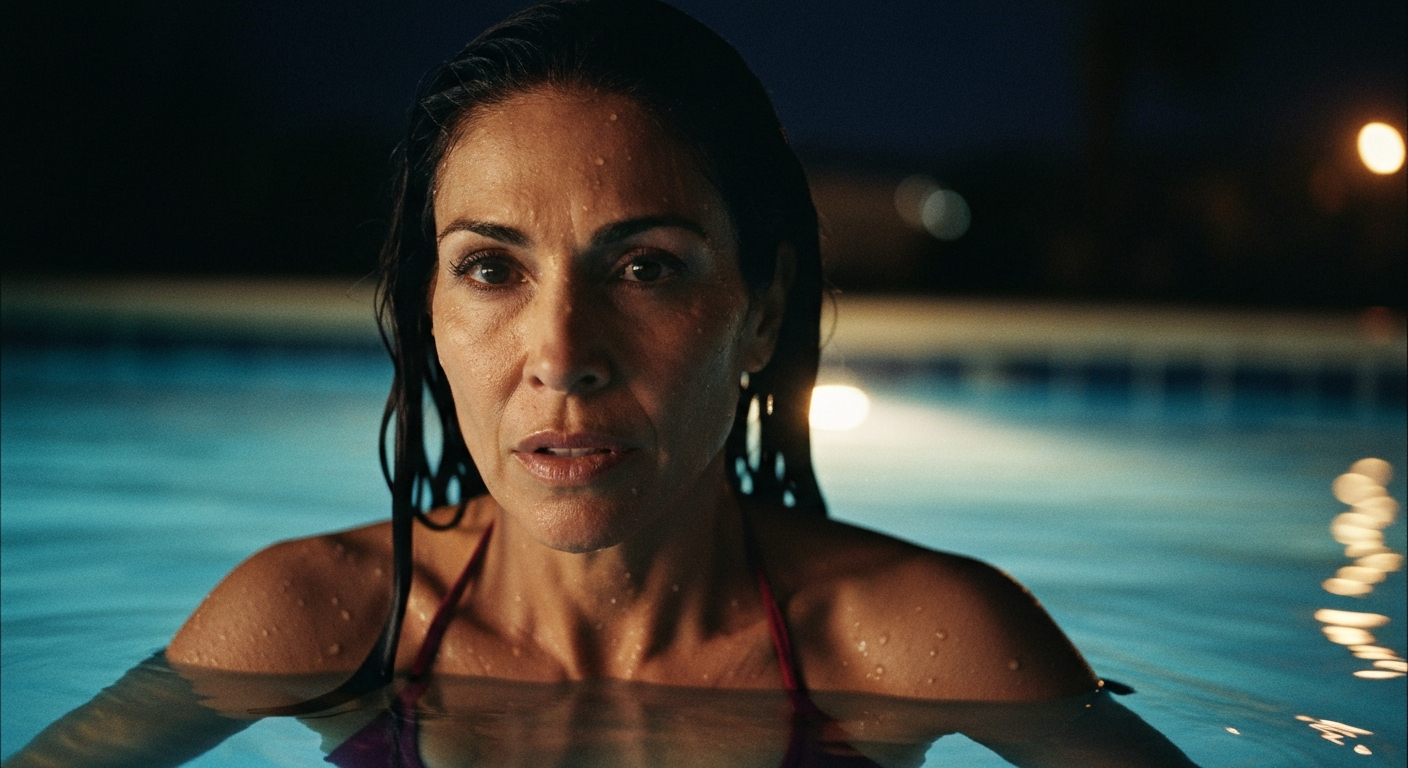 Cinematic 35mm film still close-up of woman in her mid-forties with long dark wet hair, olive skin tone, athletic curvy body 