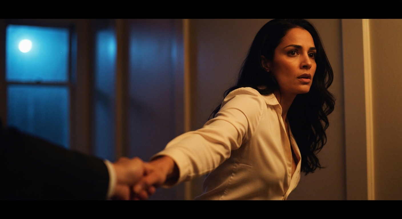 Cinematic 35mm film still of woman with long dark hair falling over shoulders, olive skin tone, slim athletic body type, late