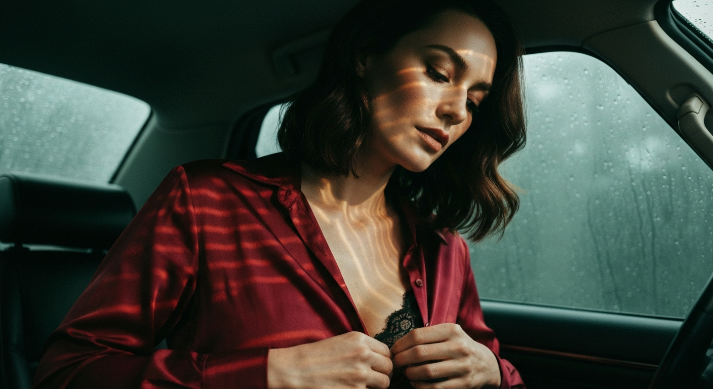 Cinematic 35mm film still medium shot of woman with shoulder-length dark brown hair with subtle waves, porcelain skin, elegan