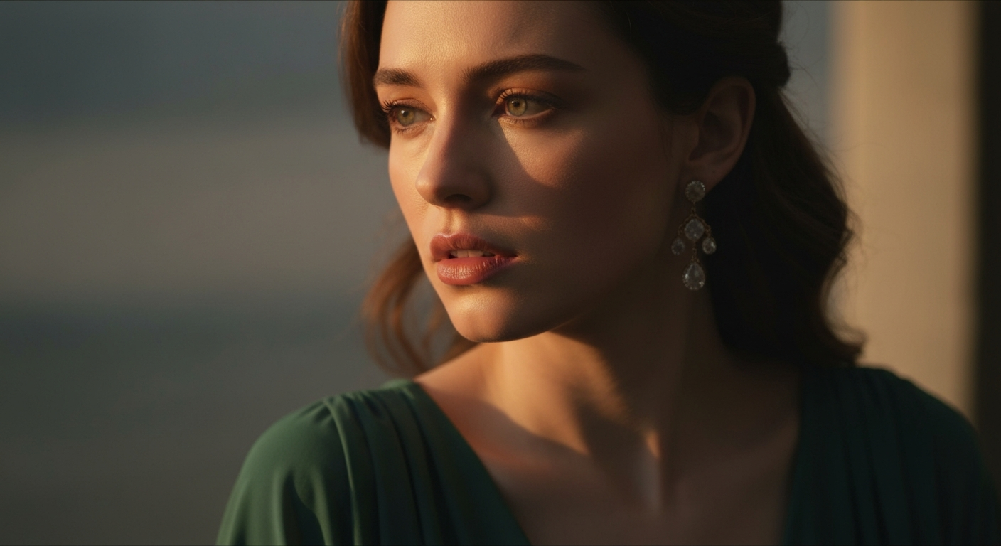 Cinematic 35mm film still close-up of woman with long dark wavy hair, olive Mediterranean skin, athletic slim body with curve