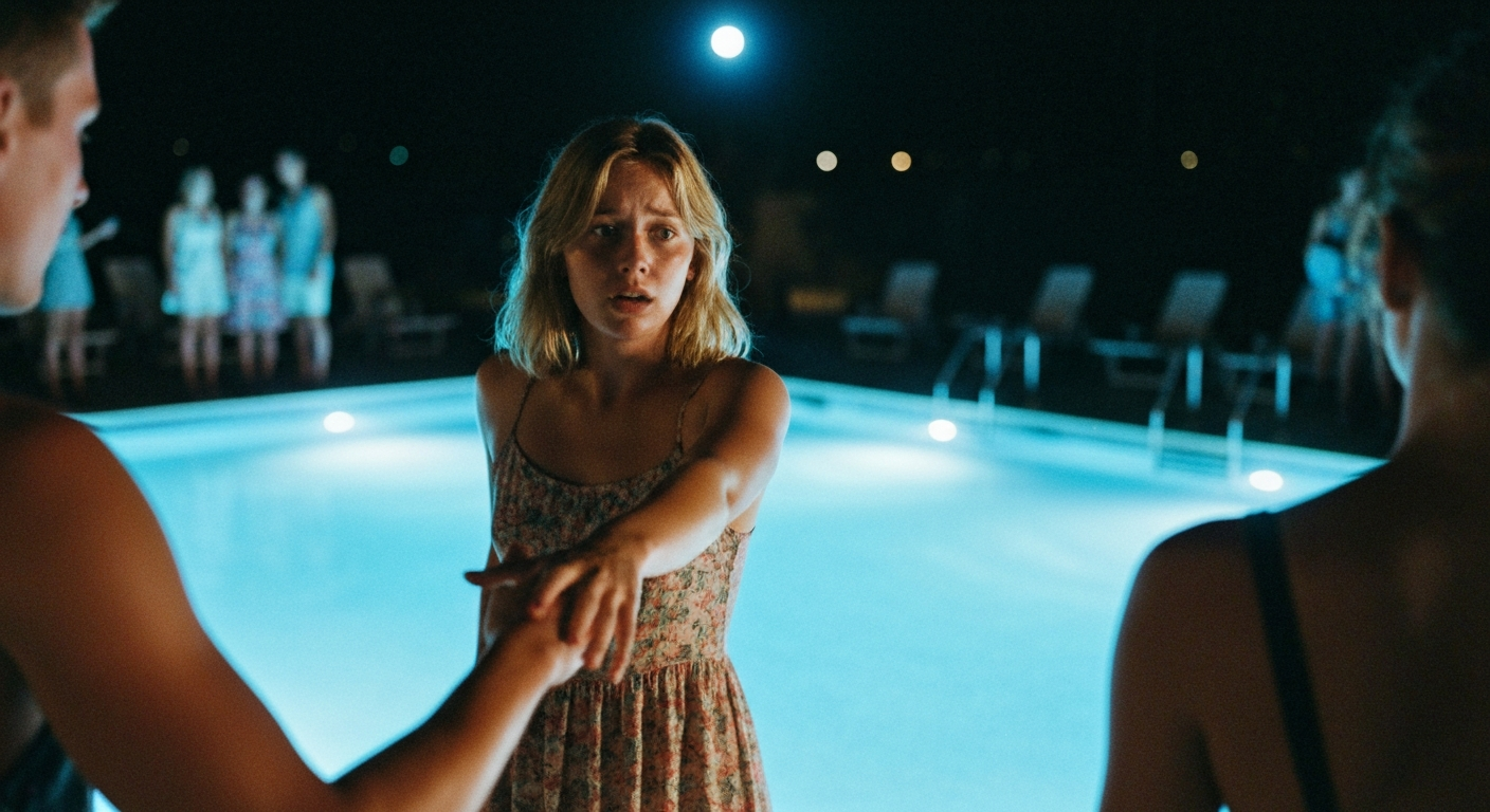 Cinematic 35mm film still medium shot of woman with shoulder-length blonde hair, fair skin, athletic slim body in summer dres