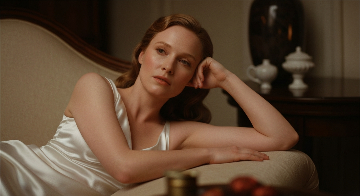 Cinematic 35mm film still close-up of woman with shoulder-length blonde hair, fair skin, athletic slim body lying in bed wear
