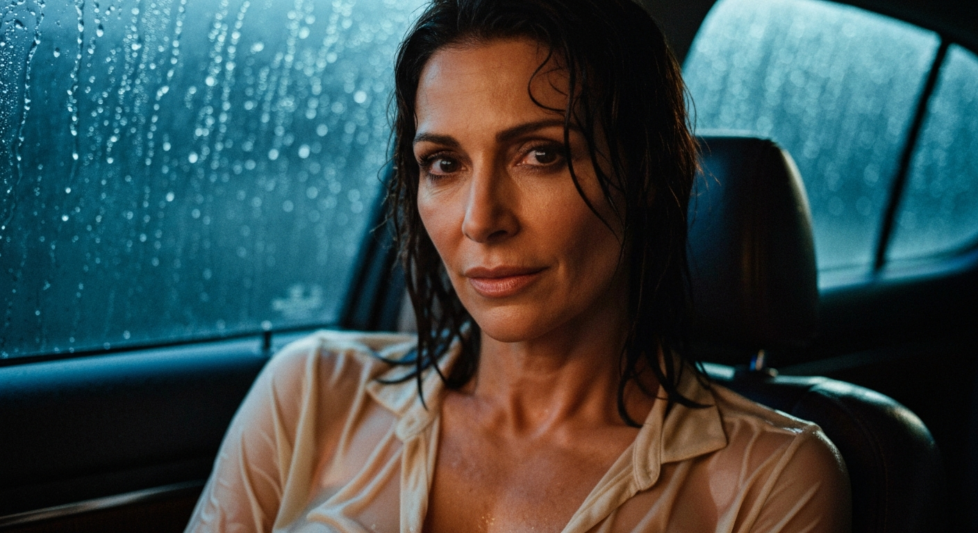 Cinematic 35mm film still of woman with shoulder-length dark brown hair, olive Mediterranean skin tone, athletic slim body ty