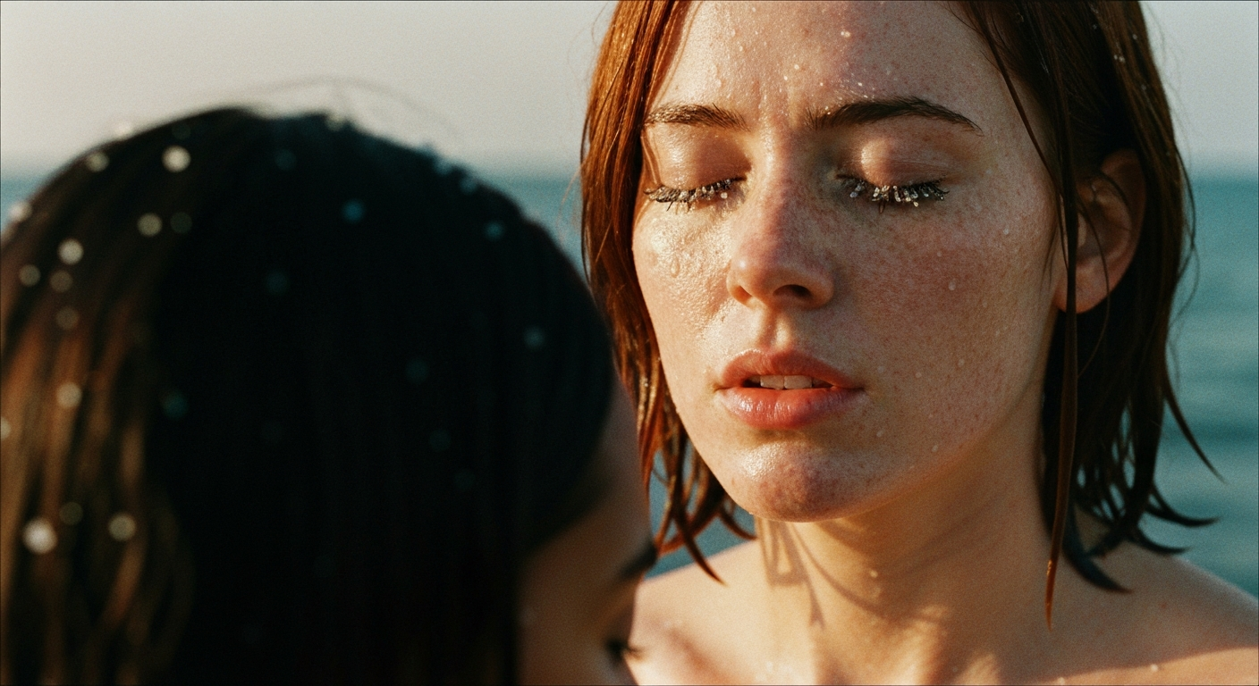 Cinematic 35mm film still extreme close-up of woman with shoulder-length auburn hair, fair skin with freckles, athletic slim