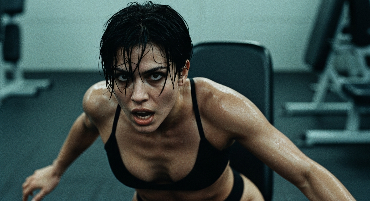 Cinematic 35mm film still medium shot of woman with short messy black hair, athletic toned body, olive Mediterranean skin ton