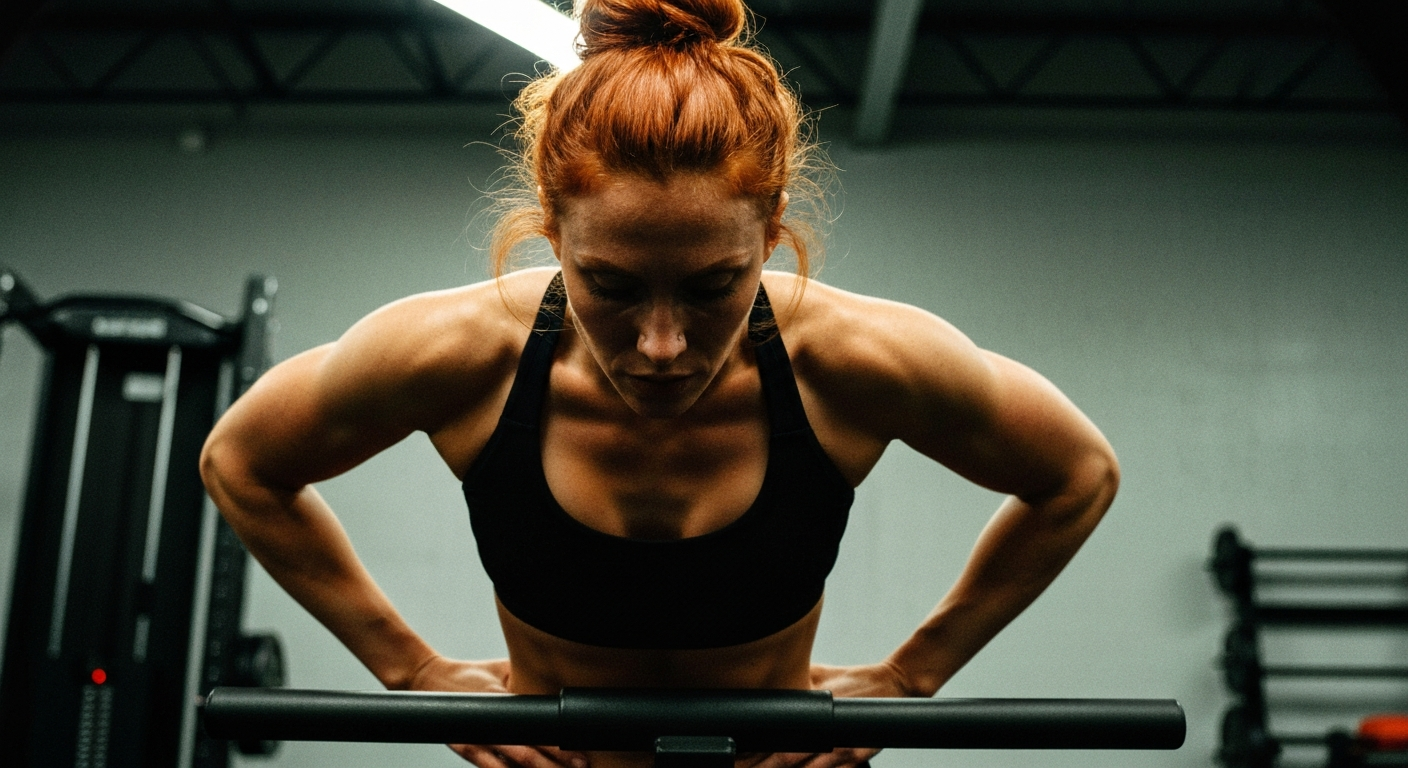 Cinematic 35mm film still of woman with copper-red hair in loose bun, athletic toned body, sun-kissed skin in black sports br