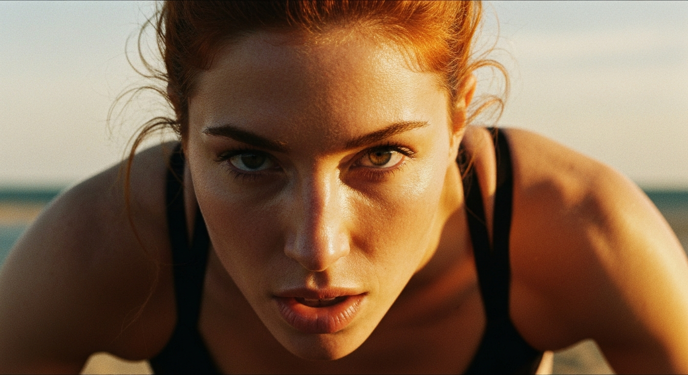 Cinematic 35mm film still extreme close-up of woman with copper-red hair in loose bun, athletic toned body, sun-kissed skin l