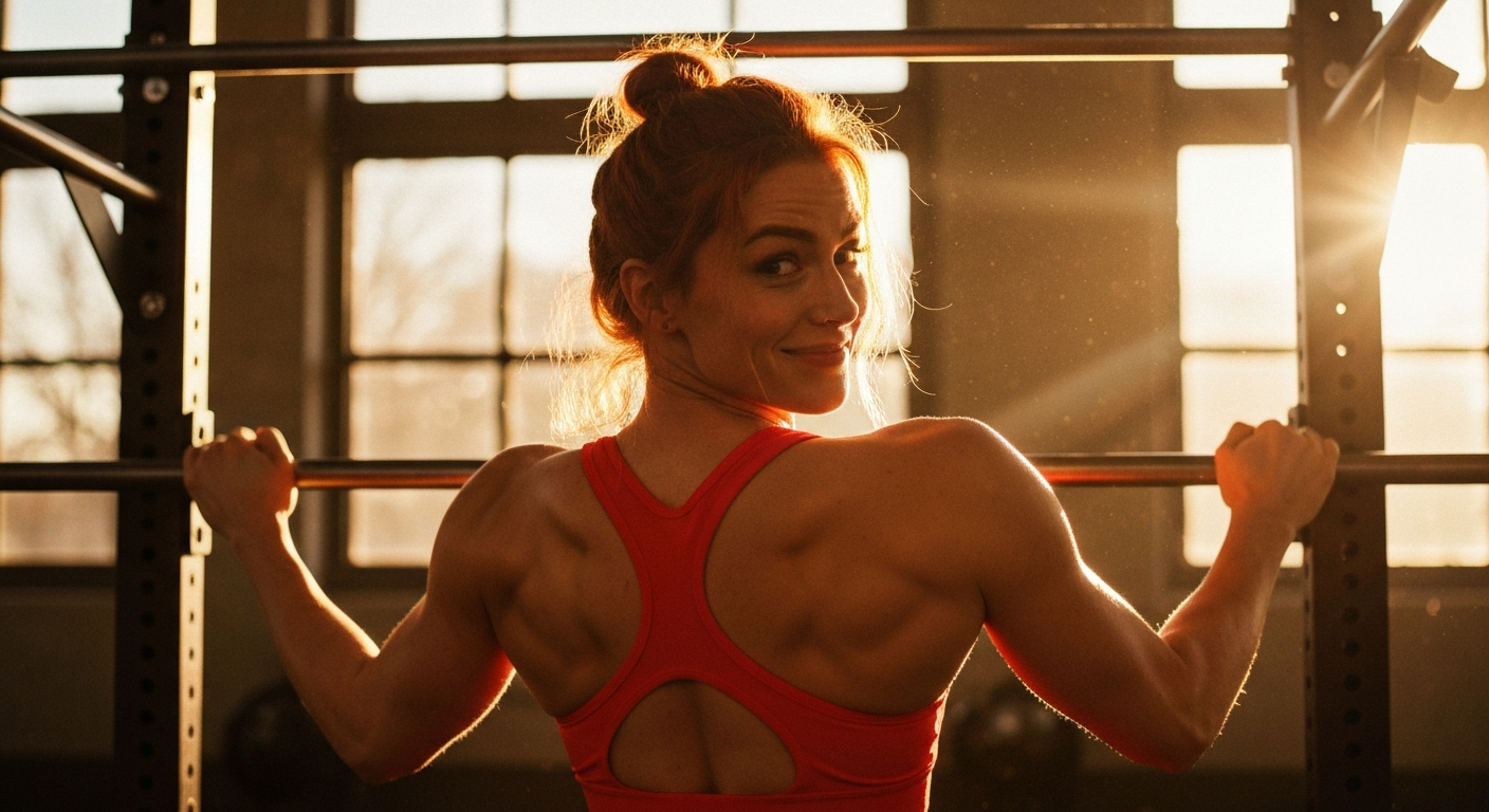 Cinematic 35mm film still of woman with copper-red hair in loose bun, athletic toned body, sun-kissed skin in bright red spor