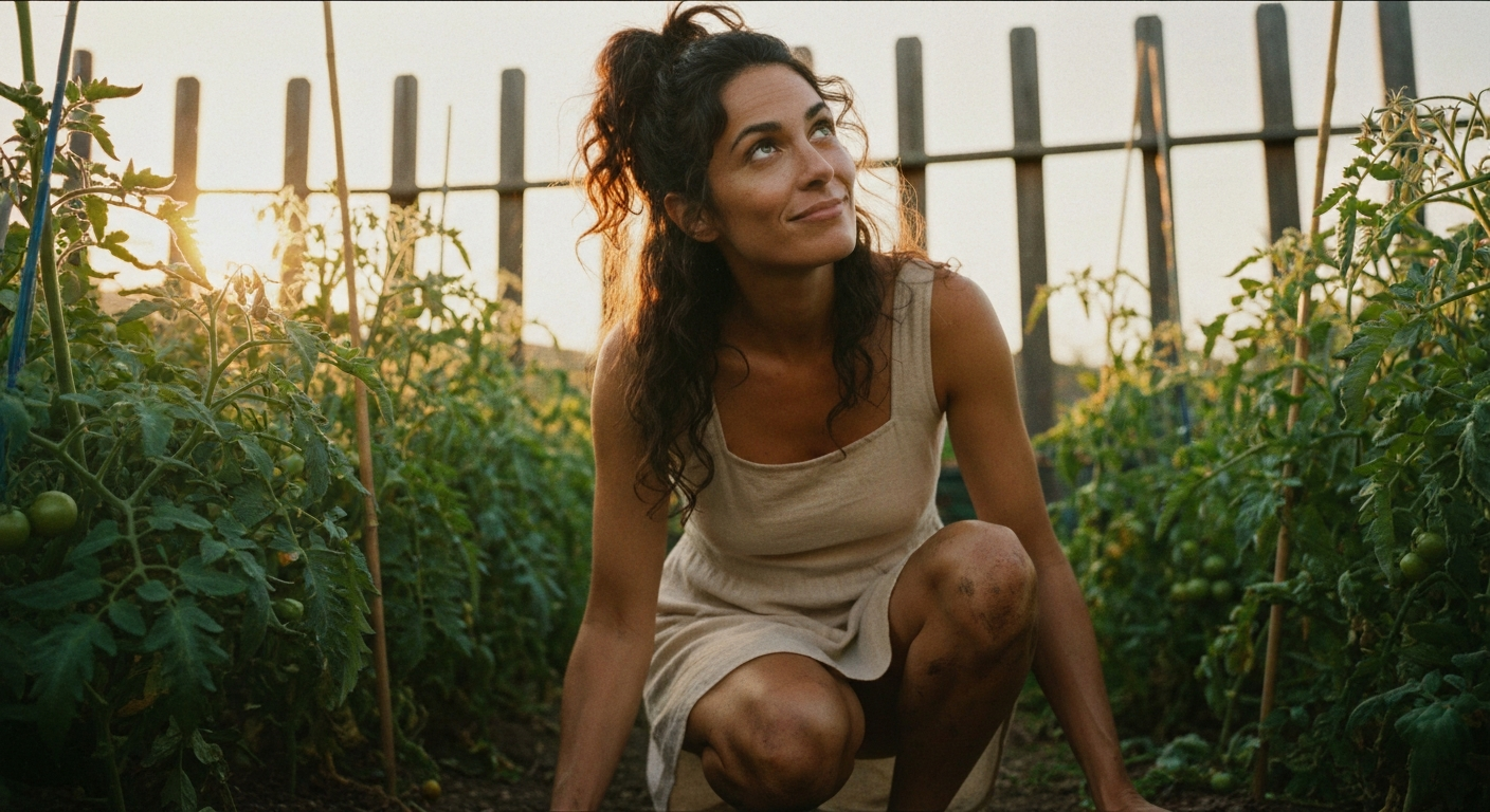 Cinematic 35mm film still of woman with long dark brown curly hair loosely tied in a messy bun, olive Mediterranean skin tone