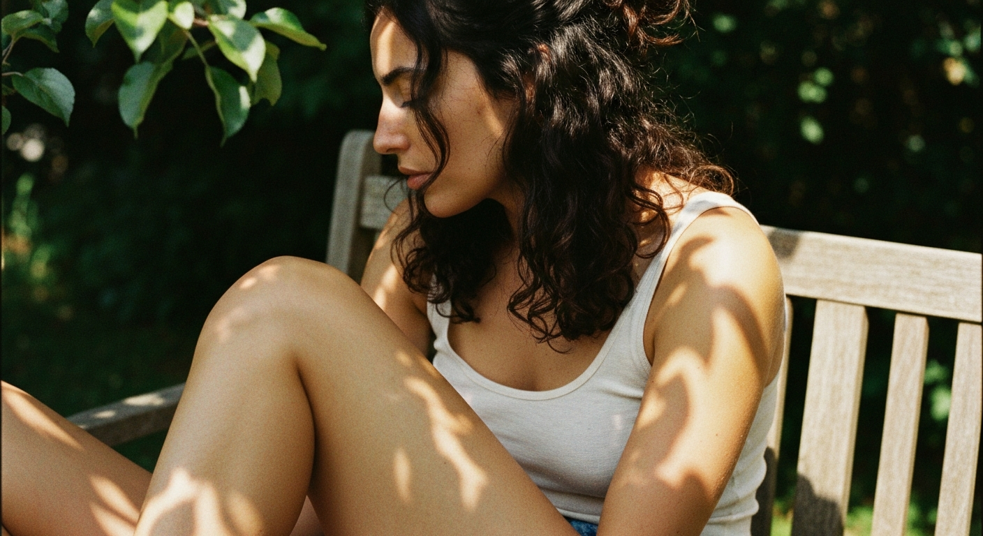 Cinematic 35mm film still of woman with long dark brown curly hair loosely tied in a messy bun, olive Mediterranean skin tone