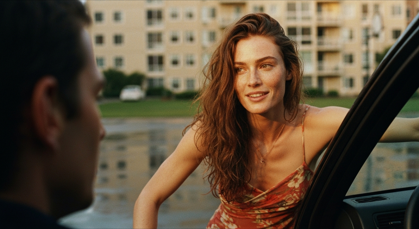 Cinematic 35mm film still of woman with long wavy chestnut brown hair, porcelain skin with natural freckles, athletic slim bo