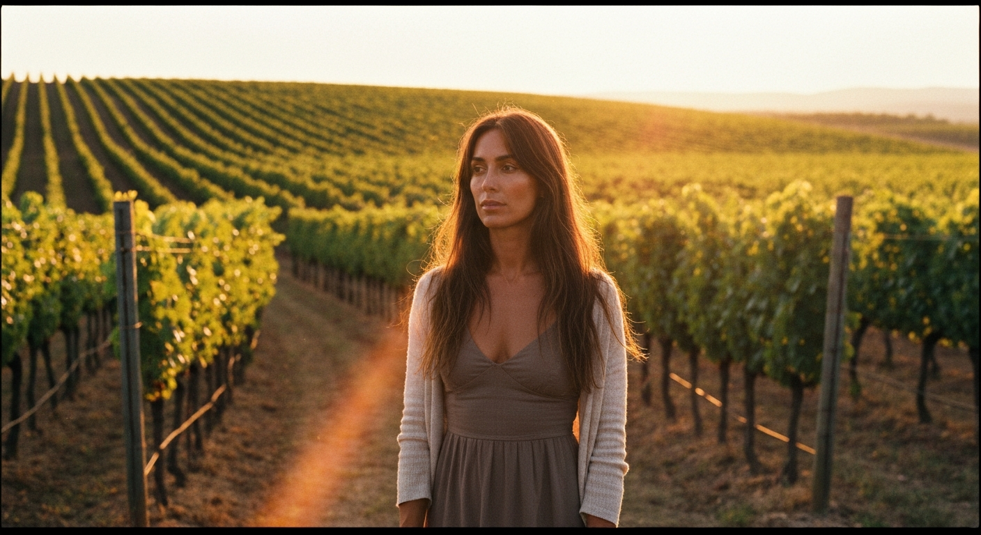 Cinematic 35mm film still of woman with long chestnut brown hair falling past shoulders, warm olive skin tone, athletic slim 