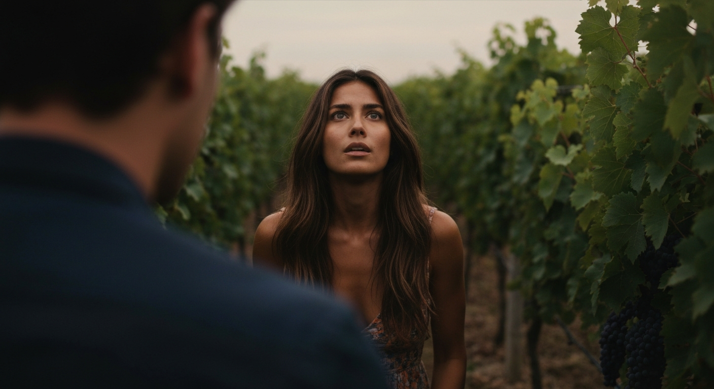 Cinematic 35mm film still of woman with long chestnut brown hair falling past shoulders, warm olive skin tone, athletic slim 