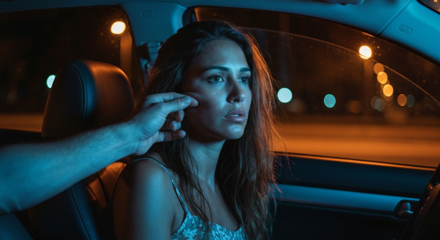 Cinematic 35mm film still of woman with long chestnut brown hair falling past shoulders, warm olive skin tone, athletic slim 