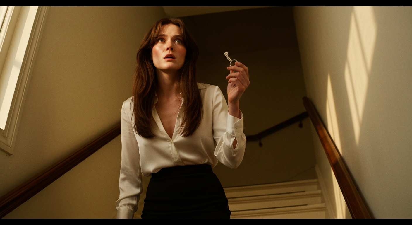Cinematic 35mm film still of woman with long chestnut brown hair falling past shoulders, porcelain skin with natural flush, s