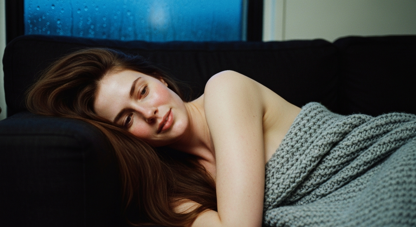 Cinematic 35mm film still medium shot of woman with long chestnut brown hair falling past shoulders, porcelain skin with natu