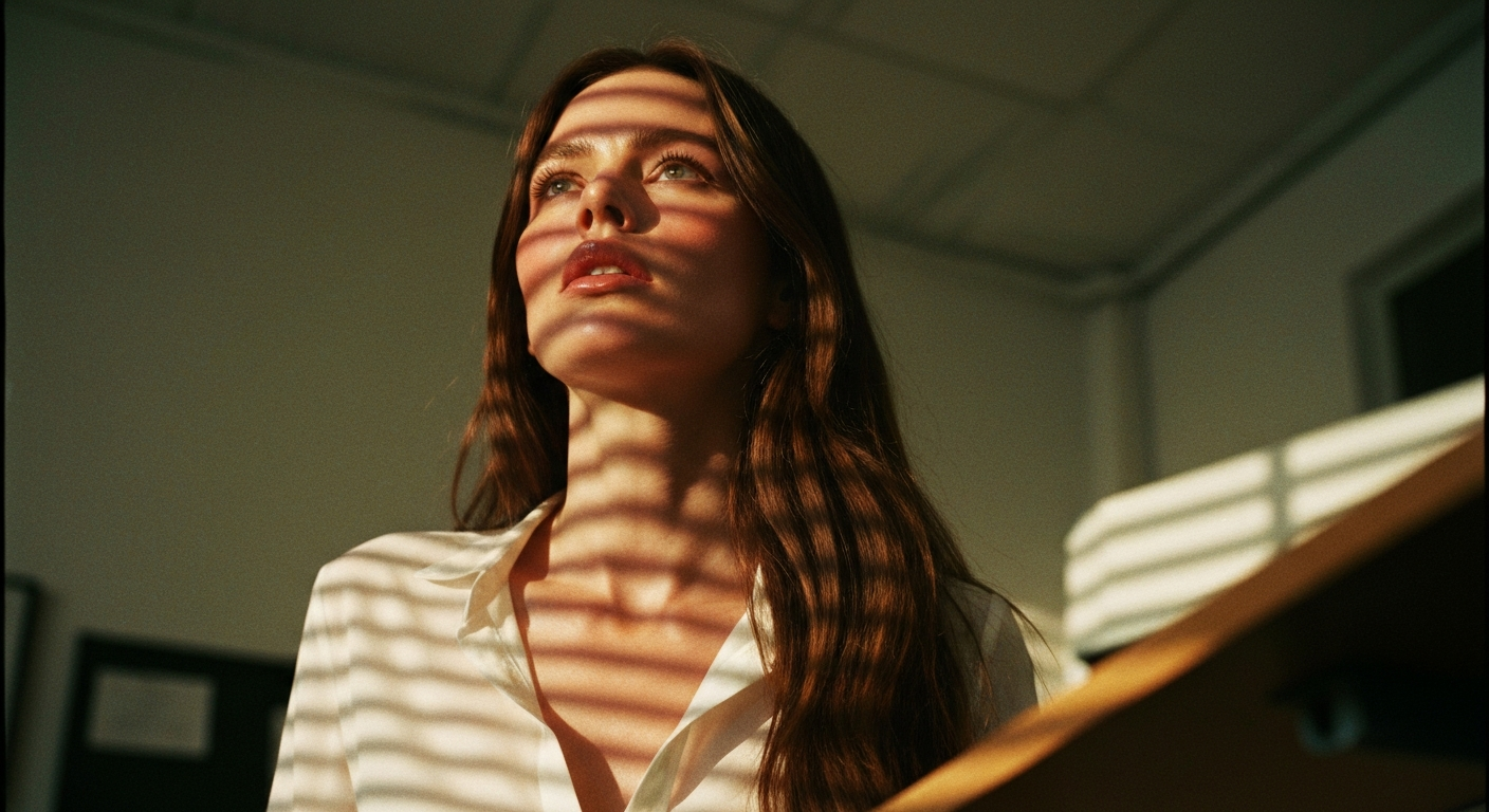 Cinematic 35mm film still medium shot of woman with long chestnut brown hair falling past shoulders, porcelain skin with natu